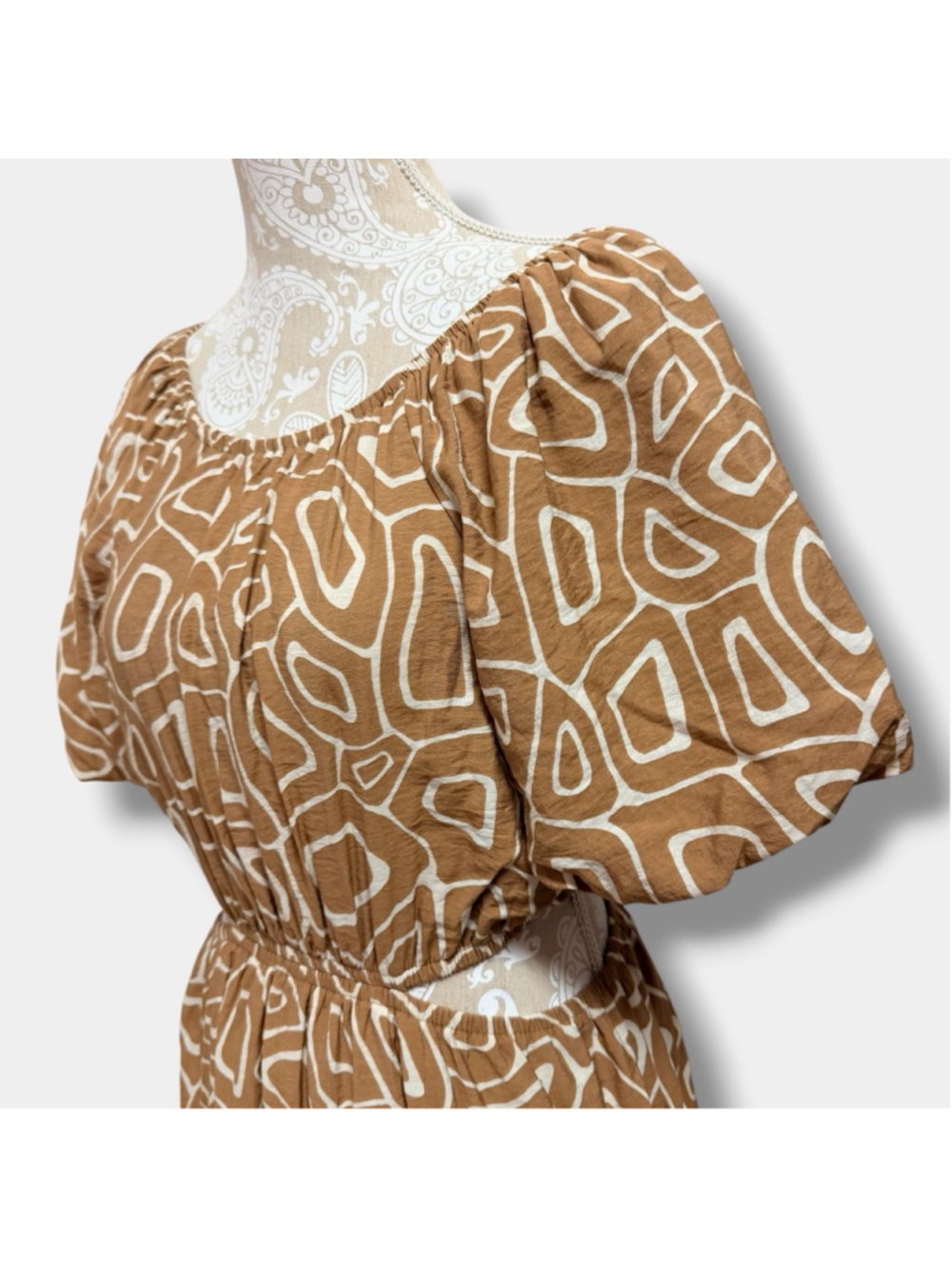 Boho Cutout Mini Dress Brown Abstract Print Puff Sleeve Festival L - Picture 13 of 16